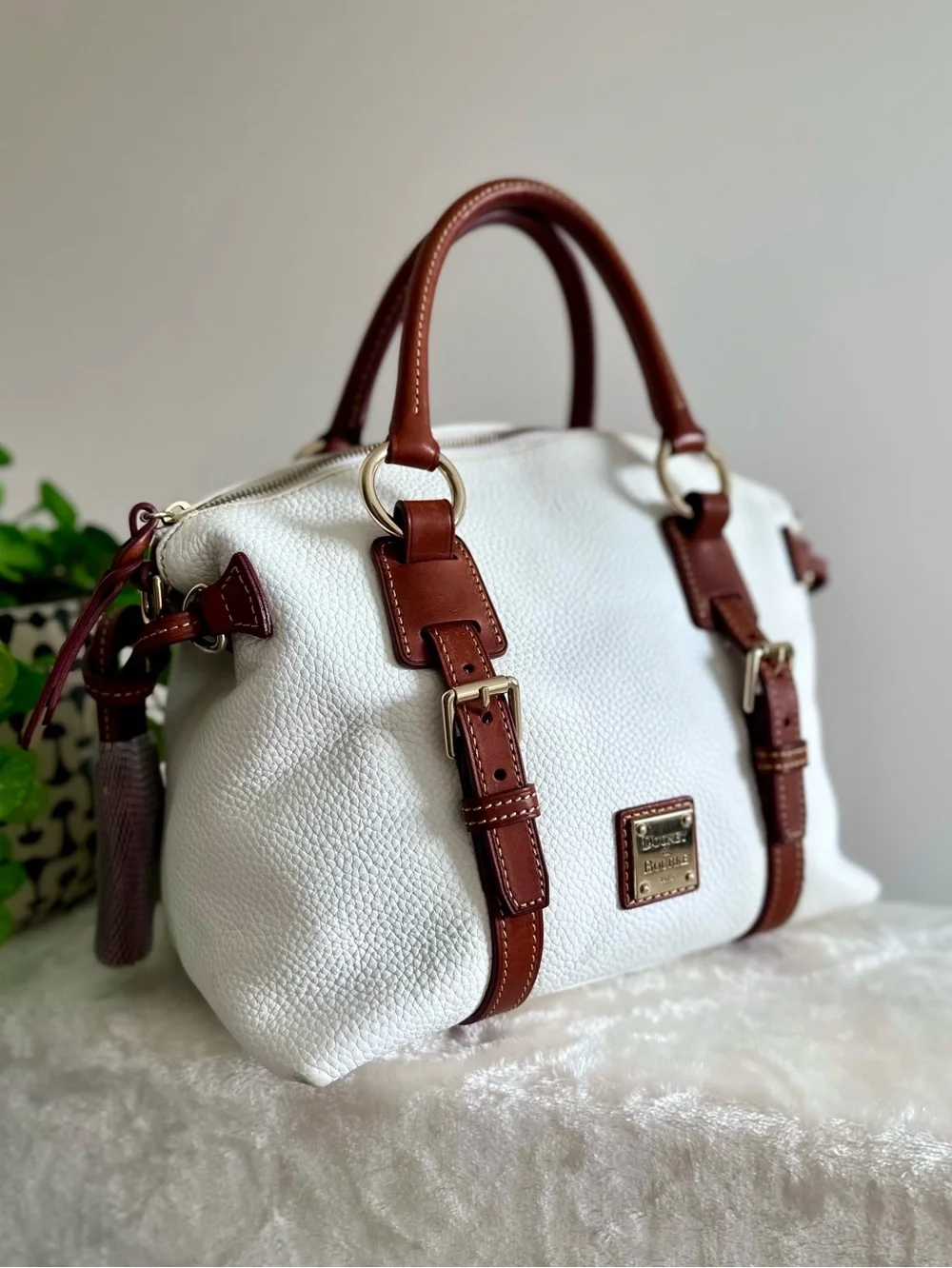 Dooney & Bourke Pebble Leather Bristol Satchel in Pure White EUC